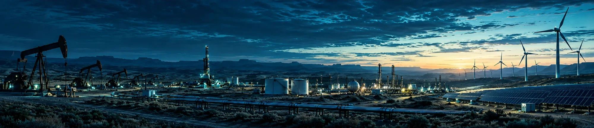 Oil field at dusk with pumpjacks, storage tanks and pipelines, and a wind and solar farm on the horizon