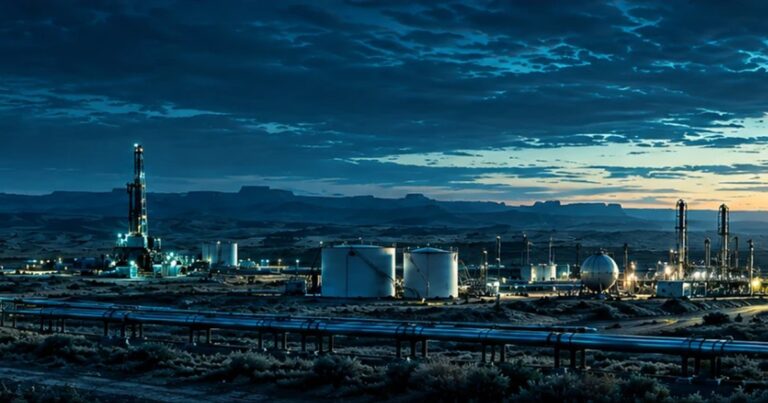 Oil field at dusk with a drilling rig, storage tanks and a processing plant